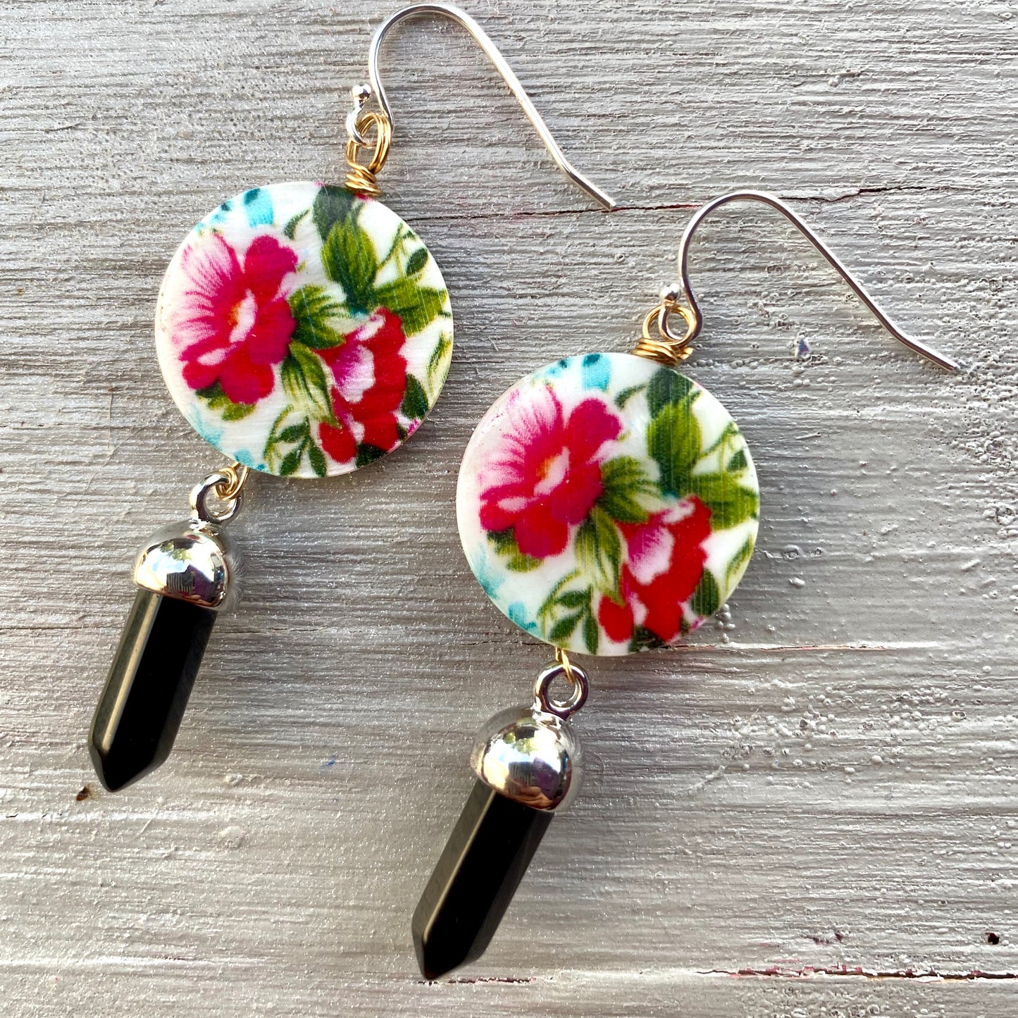 Kimono - Mother of Pearl & Black Agate Earrings