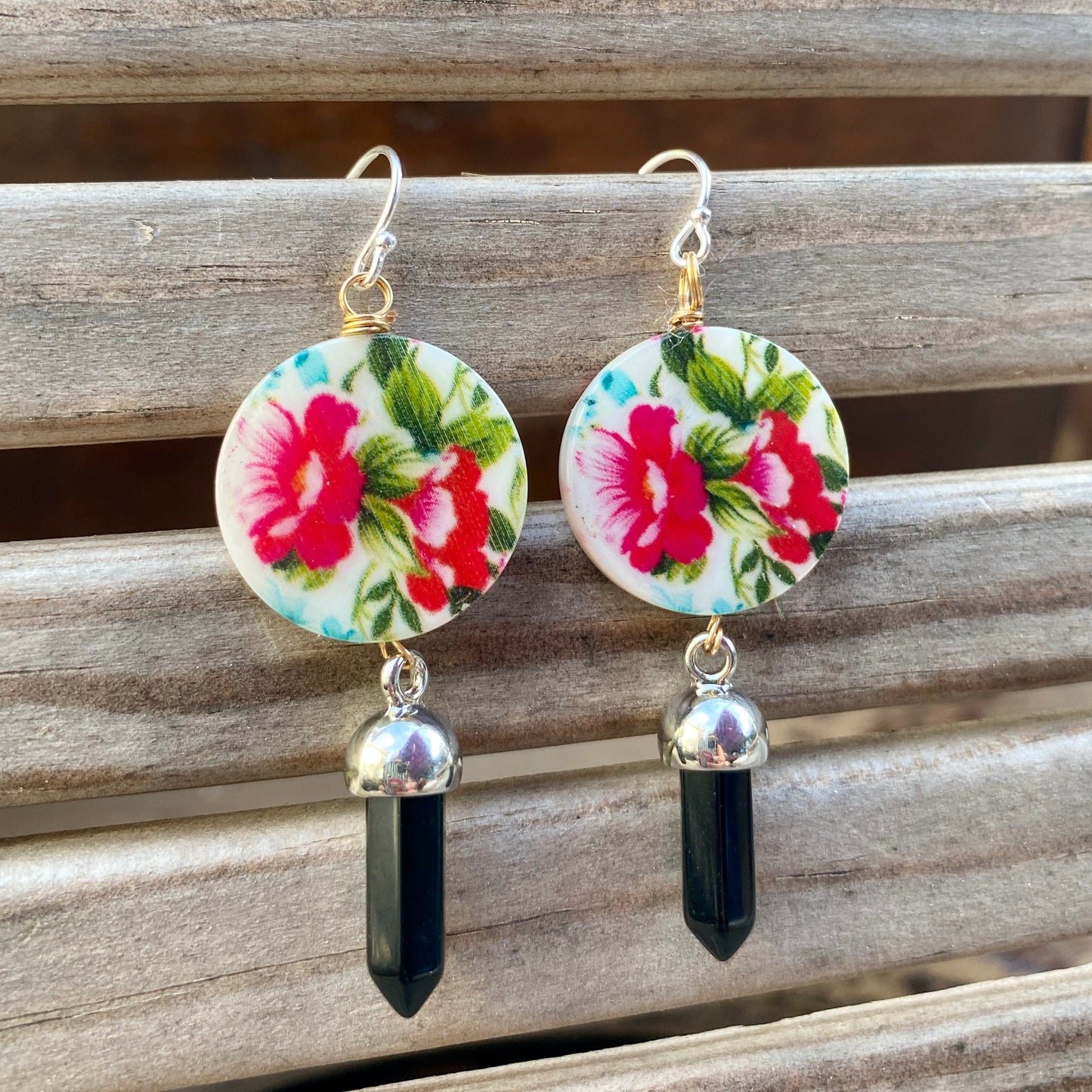Kimono - Mother of Pearl & Black Agate Earrings